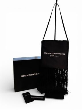 Alexander Wang Black Satin Fringe Black Logo Shoulder Bag 2022